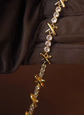 复古朋克手链女金色交叉设计镶钻手链时尚个性欧美风vintage复古