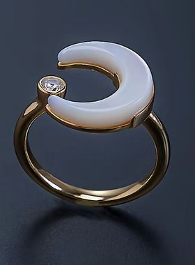 月亮戒指女白贝母小众设计冷淡风高级感开口可调节时尚少女心指环