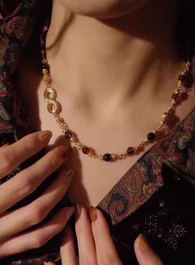 复古撞色珠饰短款颈链 无限符号装饰轻奢锁骨链 日常穿搭时尚配饰