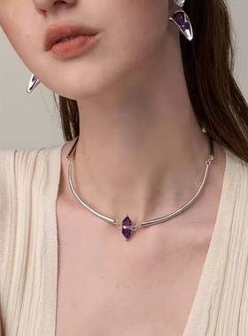 ins风紫色水晶吊坠项链女圆管项链高级简约百搭气质时尚甜美颈链