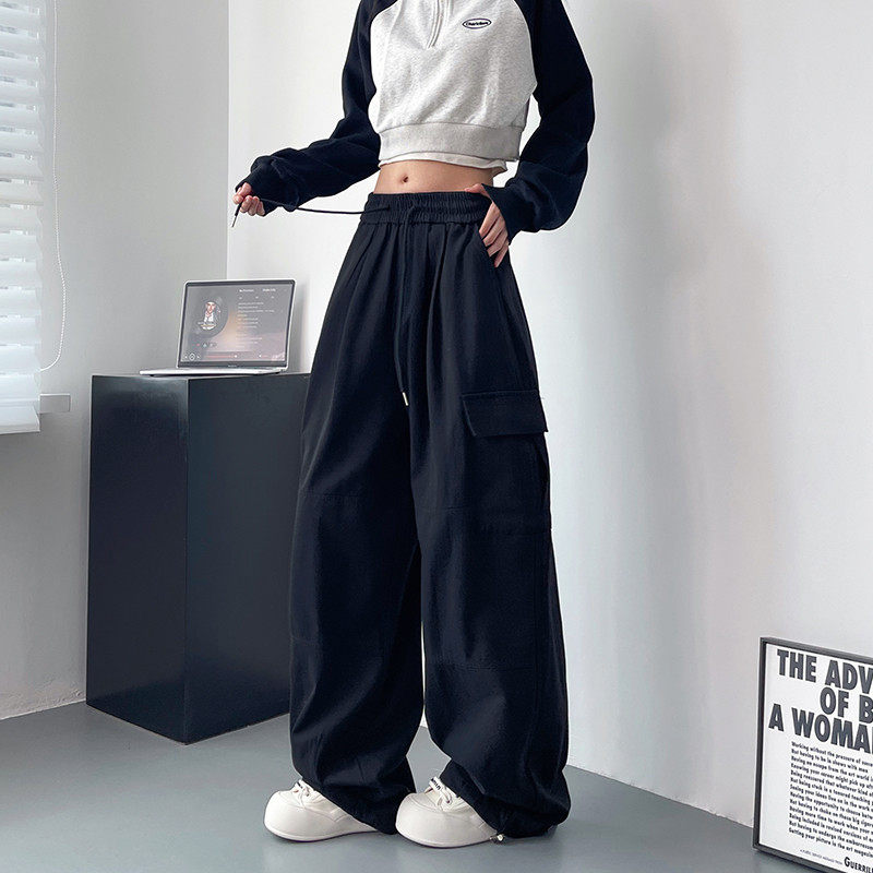 大码工装裤女秋季胖mm宽松直筒阔腿裤垂感抽绳遮肉显瘦,淘宝优惠券,粉丝福利购,淘宝优惠卷