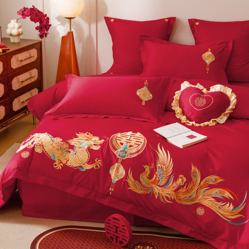 中式全棉刺绣婚庆四件套大红色新婚陪嫁被套纯棉结婚床上用品婚房,淘宝优惠券,粉丝福利购,淘宝优惠卷