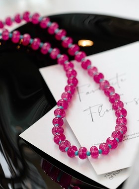 高品质~多巴胺火龙果玉髓蓝松石串珠女锁骨链夏小众度假