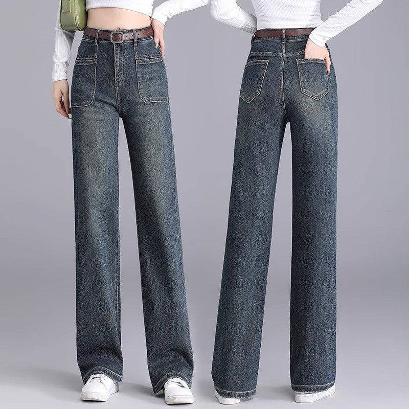 牛仔阔腿裤女冬季加绒加厚窄版直筒裤2024新款韩版大码拖地裤,淘宝优惠券,粉丝福利购,淘宝优惠卷