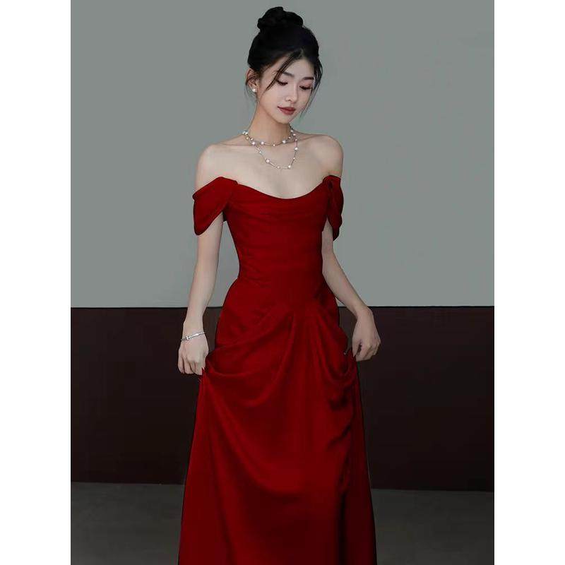 法式红色缎面气质显瘦新娘结婚回门订婚宴会敬酒晚装裙,淘宝优惠券,粉丝福利购,淘宝优惠卷