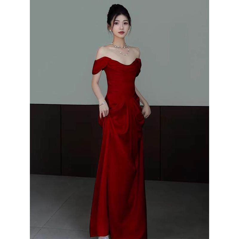 法式红色缎面气质显瘦新娘结婚回门订婚宴会敬酒晚装裙,淘宝优惠券,粉丝福利购,淘宝优惠卷