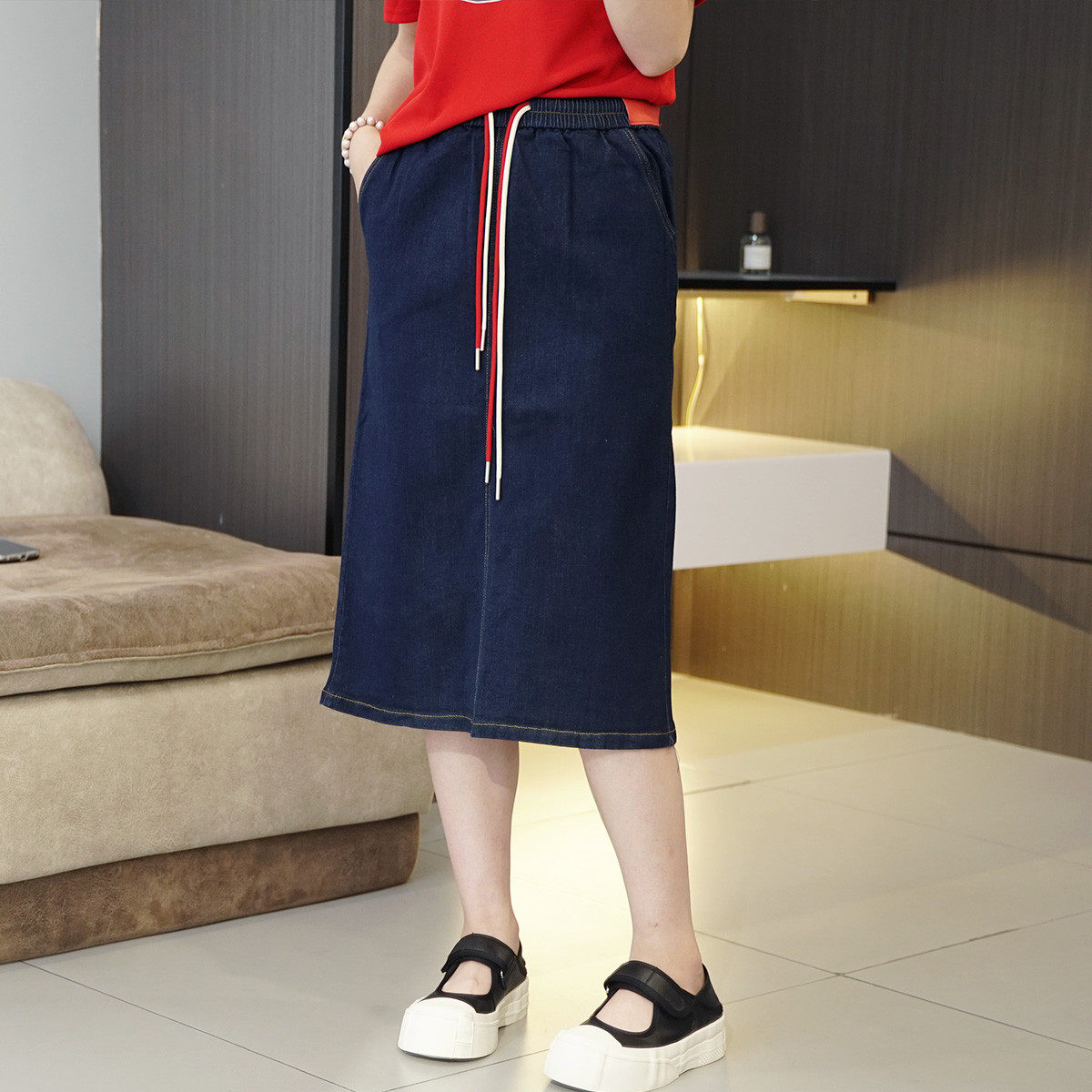 胖mm高弹抽绳牛仔夏季包臀一步裙大码松紧腰韩版中长款女裙,淘宝优惠券,粉丝福利购,淘宝优惠卷