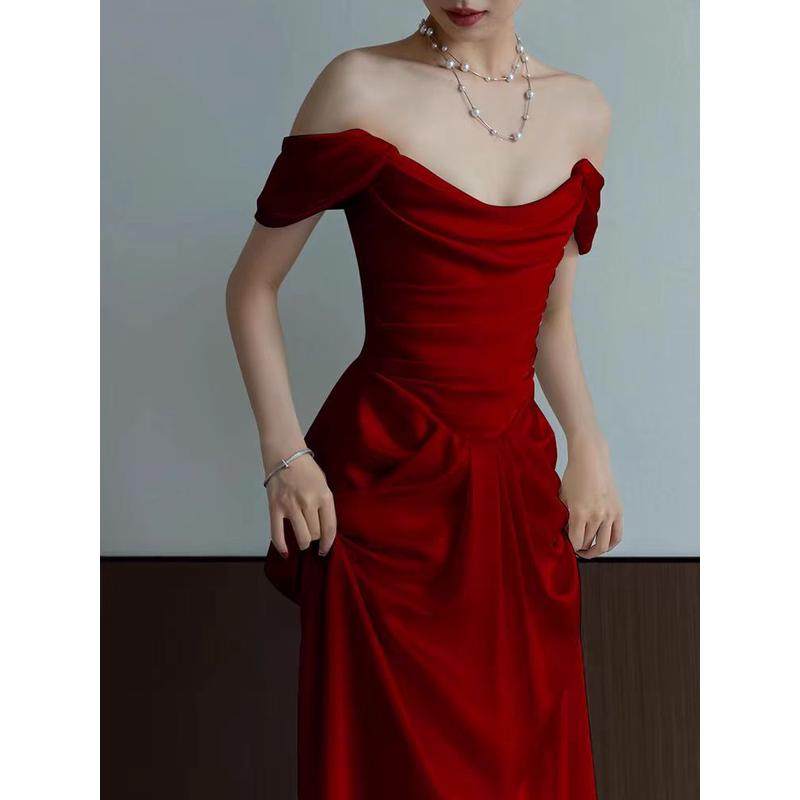 法式红色缎面气质显瘦新娘结婚回门订婚宴会敬酒晚装裙,淘宝优惠券,粉丝福利购,淘宝优惠卷