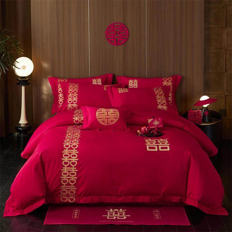 中式大红色结婚四件套全棉纯棉刺绣喜被床单长绒棉婚庆六件套,淘宝优惠券,粉丝福利购,淘宝优惠卷