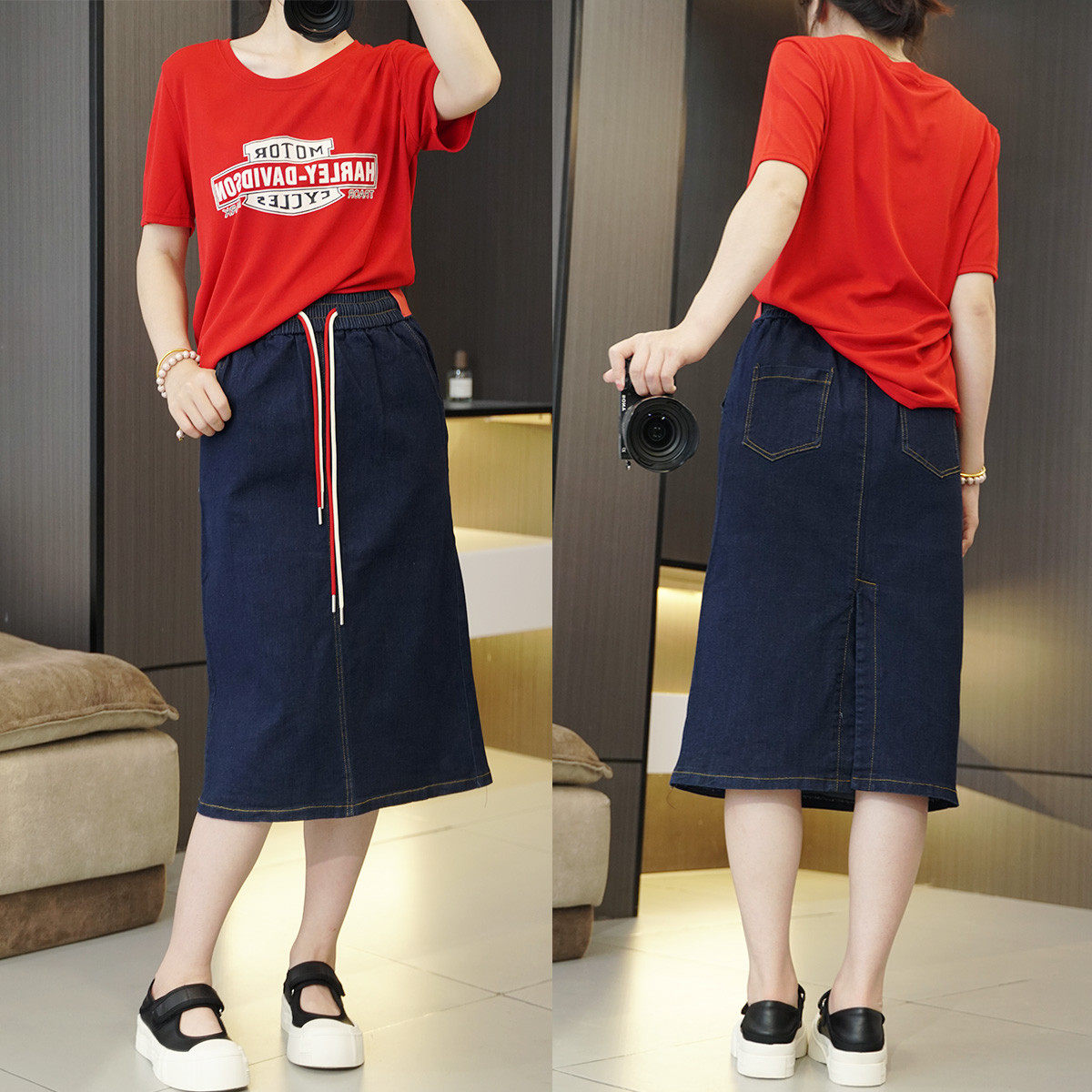 胖mm高弹抽绳牛仔夏季包臀一步裙大码松紧腰韩版中长款女裙,淘宝优惠券,粉丝福利购,淘宝优惠卷