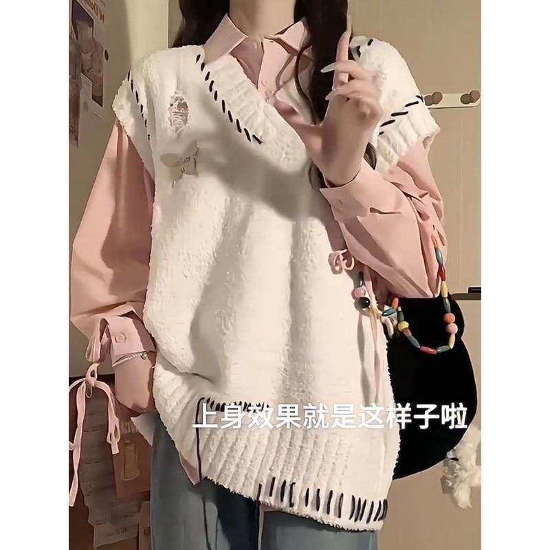 两件套装学院风设计感流苏百搭V领衫毛衣马甲女学生+衬衫,淘宝优惠券,粉丝福利购,淘宝优惠卷