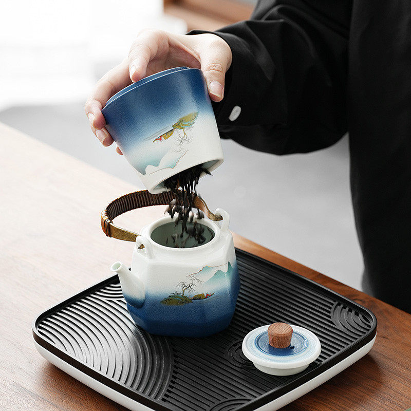 Travel ceramic kung fu tea set small set for outdoor camping portable bag one pot six cups teapot tea cup