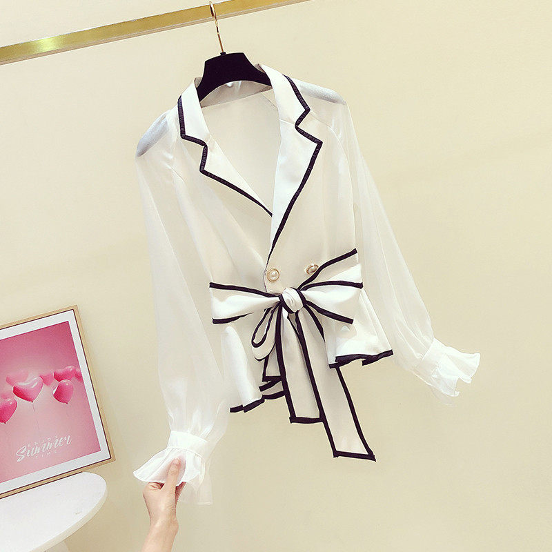 2025春秋新款韩版气质喇叭袖双排扣系带收腰领衬衫女显瘦衬衣,淘宝优惠券,粉丝福利购,淘宝优惠卷