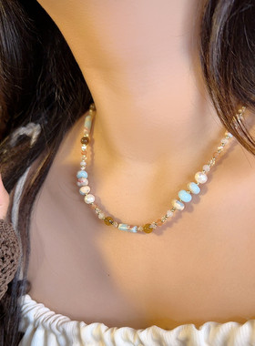复古寿山天然石串珠锁骨链民族风中式彩色项链巴洛克珍珠颈链配饰