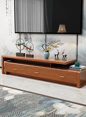 胡桃木实木电视柜中式现代简约伸缩储物地柜客厅小户型落地影视柜