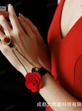 朋克风蕾丝手腕复古哥特配饰手链lolita手饰手套万圣节玫瑰花红色