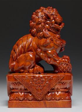 花梨木雕狮子摆件一对狮子实木质家居门口客厅创意装饰摆设工艺品