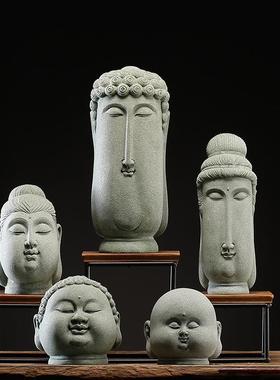 青砂石佛头装饰品摆件桌面创意微景观鱼缸盆景造景佛像家居摆设