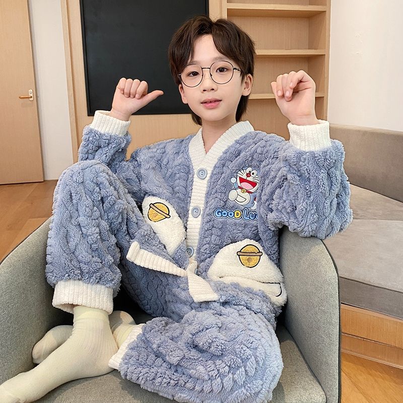 男童睡衣秋冬款珊瑚绒加厚法兰绒儿童加绒套装冬季小男孩家居服 - 图2