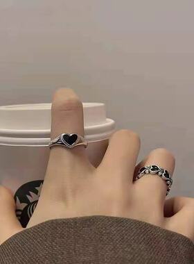 暗黑复古爱心戒指黑色嘻哈情侣戒开口戒ins简约欧美朋克小众指环