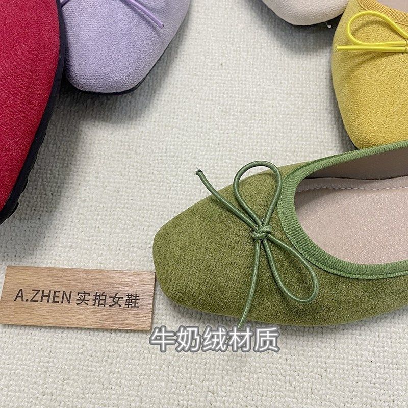 多巴胺单鞋女法兰绒小方头网红温柔平底蝴蝶结浅口平底鞋显瘦软底,淘宝优惠券,粉丝福利购,淘宝优惠卷