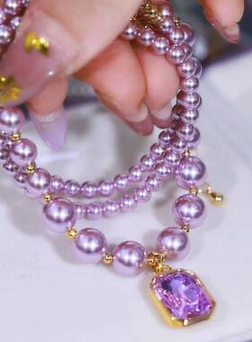 伍周贺商贸紫色方形吊坠紫气东来珍珠锁骨链高级感送女友水晶项链