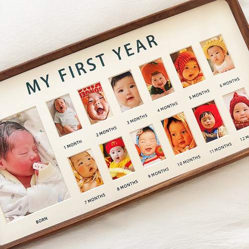 宝宝出生12个月纪念实木相框摆台定制婴儿照diy周岁生日成长礼物 - 图0