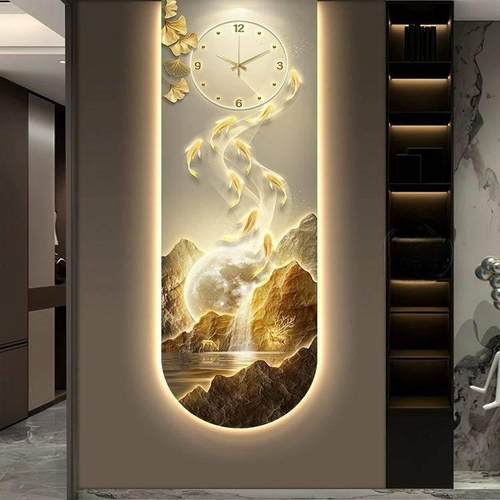 九鱼图带时钟表入户门玄关装饰画 画高级感壁灯现代轻奢走廊过道 - 图2