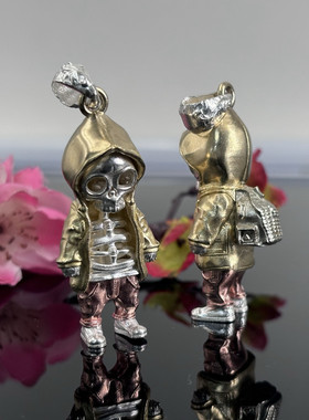 原创纯银925复古骷髅兄弟项链骷髅人背包吊坠男女情侣毛衣链送礼