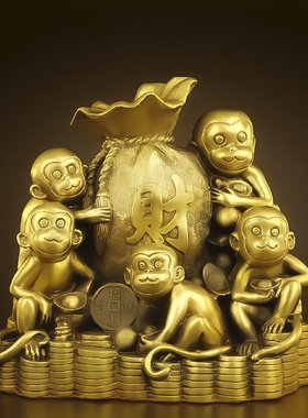 铜猴子摆件纯黄铜五福临门猴家居饰品客厅办公桌摆设生肖猴助运气