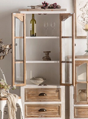 美式复古实木书柜落地玻璃门家用客厅法式餐边柜高柜一体靠墙立柜
