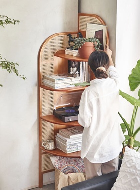 客厅可移动小户型藤编复古日式实木角柜落地书架卧室置物架三角柜