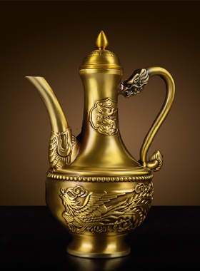 铜酒壶纯黄铜老式酒壶手工龙凤酒壶家用餐厅餐桌中式饰品送长辈