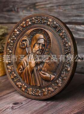 圣本笃圆盘圣牌实木雕刻木质工艺品圣徒祈祷桌面摆件装饰欧式装饰