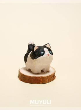 木质木头手工木雕小猫咪奶牛猫汽车摆件办公室桌面装饰品生日礼物