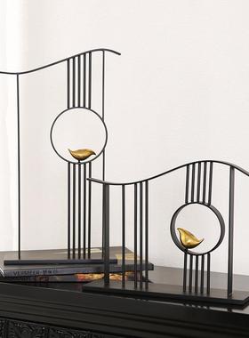 极简金属摆件喜鹊新中式客厅样板间玄关办公室酒店博古架酒店装饰