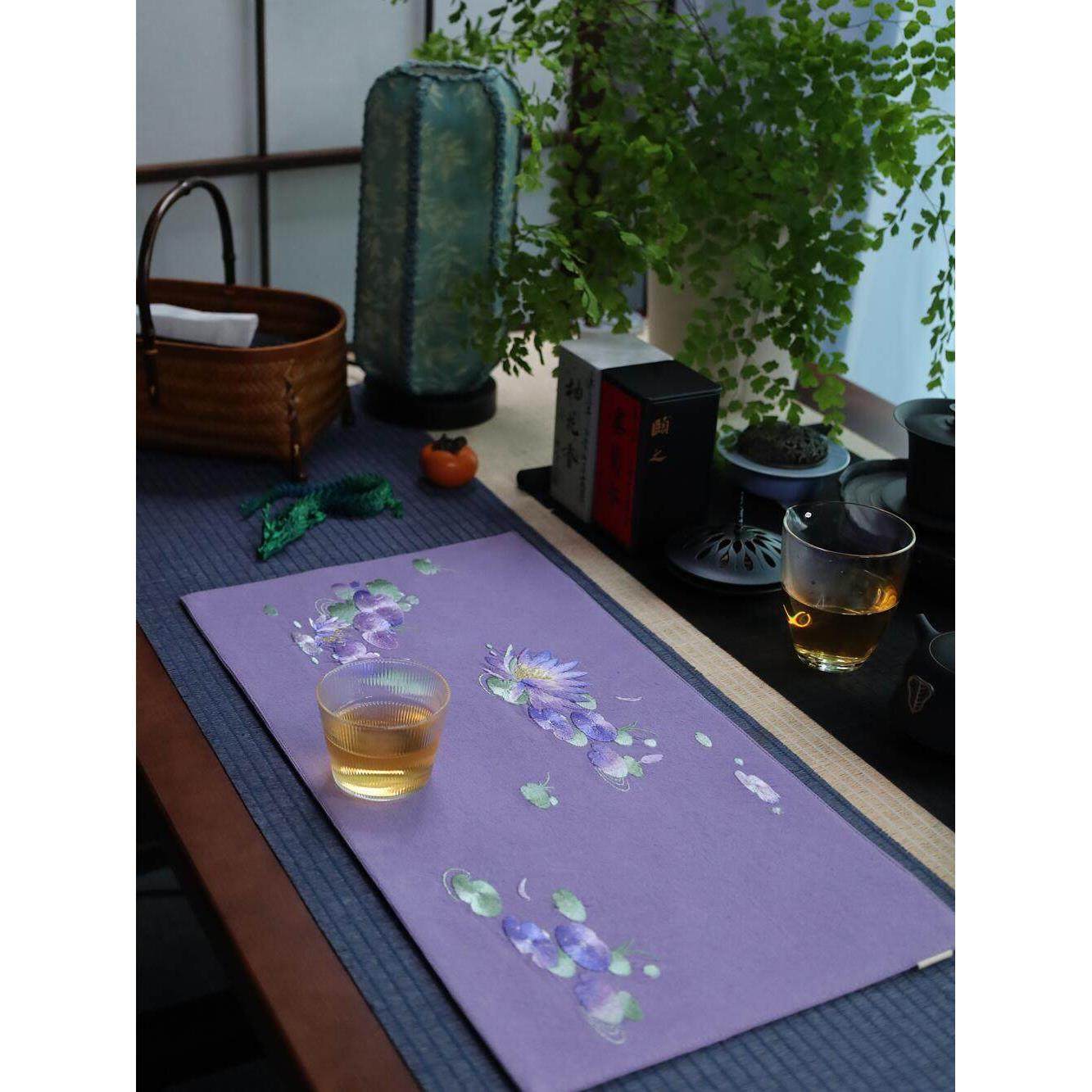 引之紫莲刺绣茶垫棉麻茶席布艺礼品复古茶布中式茶席干泡茶道文艺,淘宝优惠券,粉丝福利购,淘宝优惠卷
