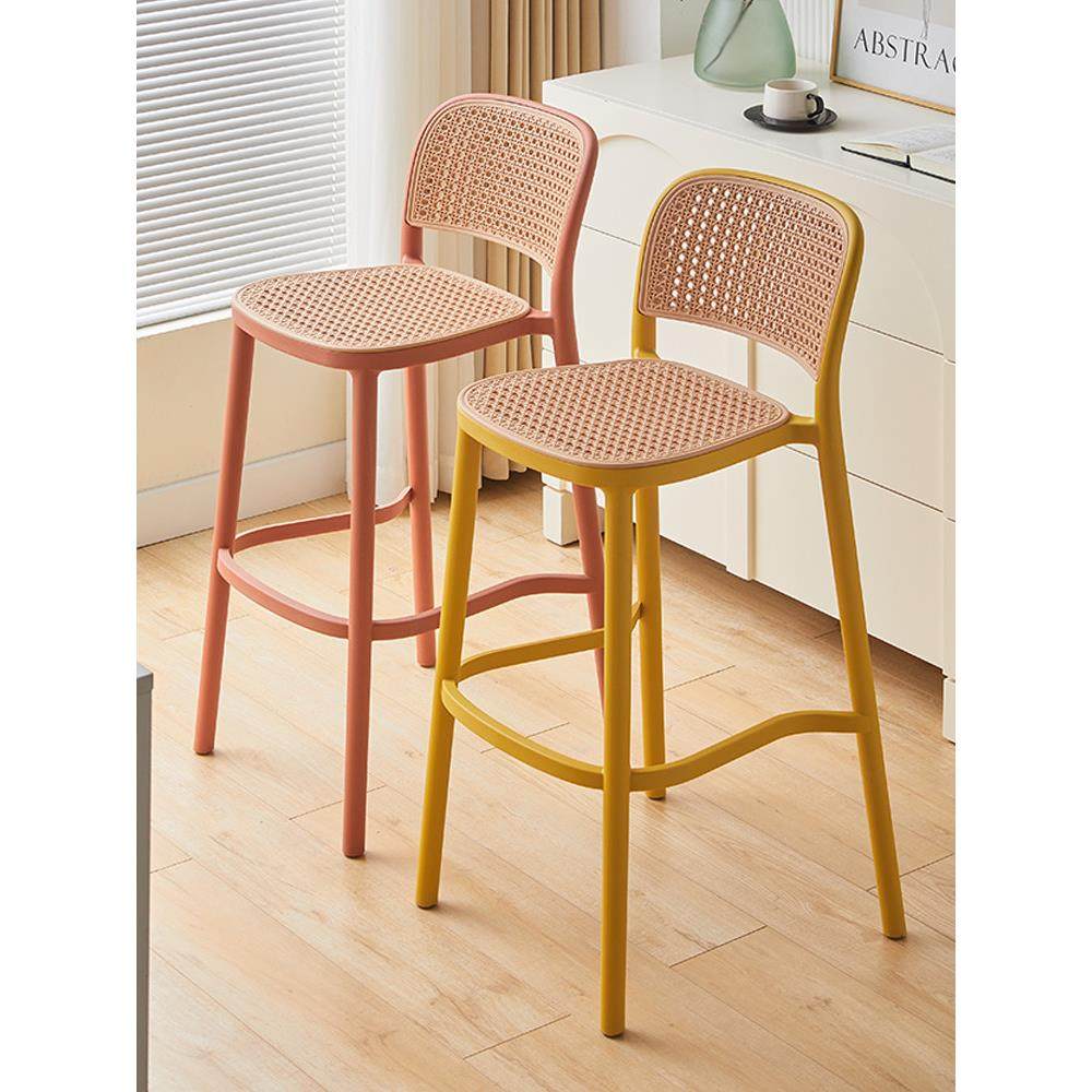 现代简约塑料吧椅靠背高脚凳北欧吧台椅家用阳台高椅子仿藤编餐椅,淘宝优惠券,粉丝福利购,淘宝优惠卷