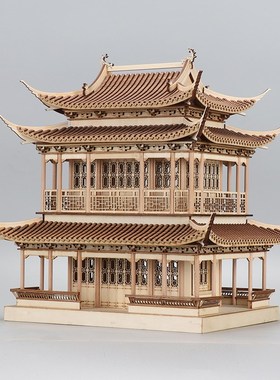 新中式创意木质仿古建筑摆件凉亭房子样板间茶室禅意楼阁装饰品