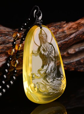 天然黄水晶南海观音吊坠菩萨男士玉牌玉坠无事牌挂件饰品礼物节日