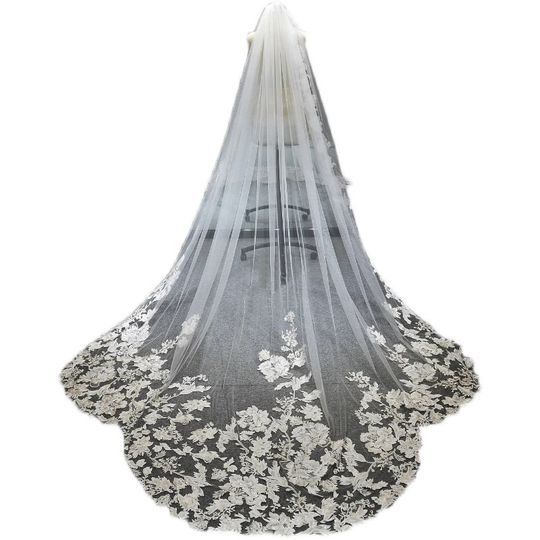 新娘结婚复古森系婚礼蕾丝头纱扇形大教堂带发梳高端长款拍照头饰