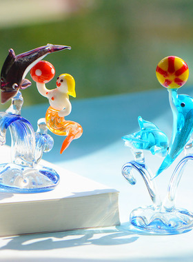 玻璃海豚摆件客厅办公桌装饰大气摆设手工创意礼物玻璃工艺品动物