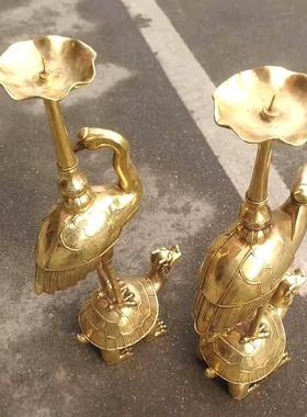 纯铜蜡台烛台龟鹤龙龟仙鹤灵芝招财长寿纳福铜器动物桌面手工摆件