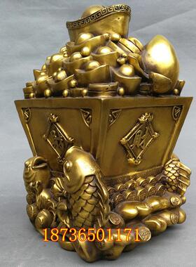 纯铜存钱罐升子金银满斗日进斗金聚宝盆双鱼存钱罐工艺品铜器摆件