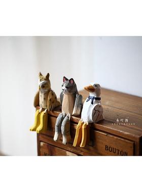 手工雕刻木雕猫咪摆件可爱小动物木质小玩意木制桌面礼物工艺品