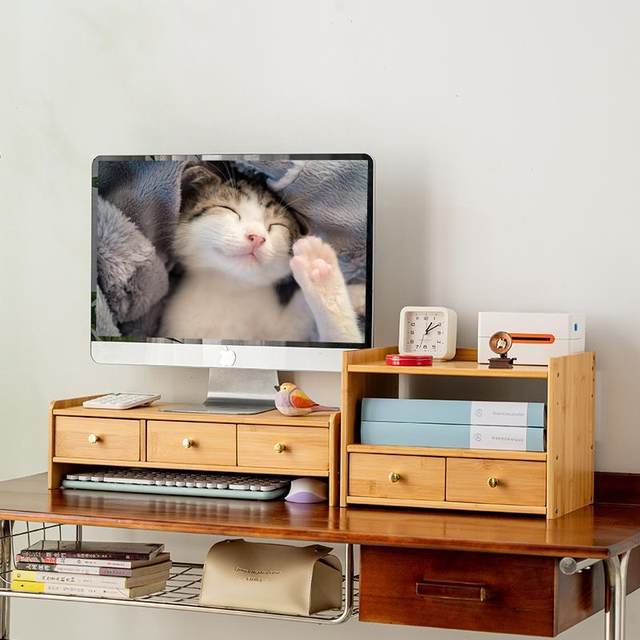 Computer desktop rack desktop monitor elevated multi-layer storage rack office station organization rack bamboo