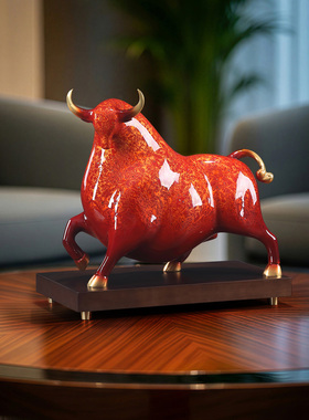 大漆工艺品牛势冲天黄铜牛摆件生肖客厅办公室桌面装饰品开业礼品