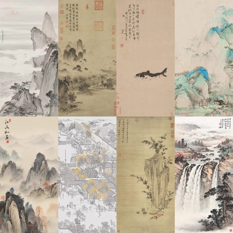 新中式山水画古典竖版宋式美学壁画中古风背景墙壁纸图库墙布墙纸,淘宝优惠券,粉丝福利购,淘宝优惠卷