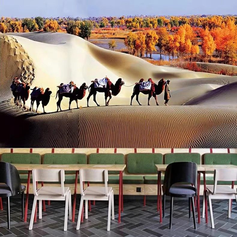 3d新疆民族风景立体墙布骆驼背景墙纸塔克拉玛干沙漠壁纸烧烤壁画,淘宝优惠券,粉丝福利购,淘宝优惠卷