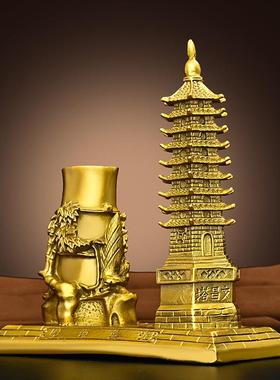 黄铜九层文昌塔摆件带笔筒宝塔家居书桌装饰工艺品书房摆设纯